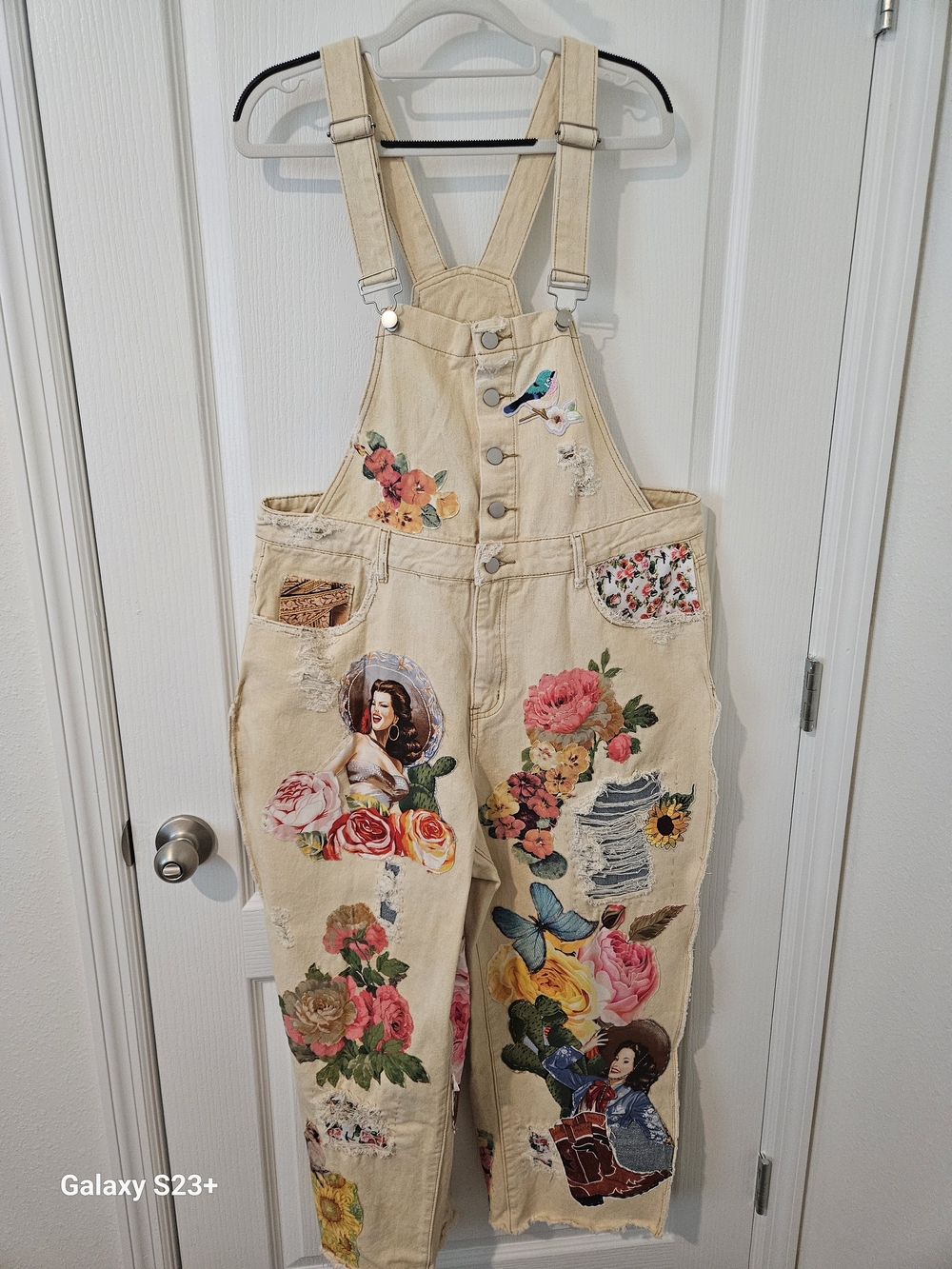 One Of A Kind Upcycled Embroidered Denim Overalls with Western Floral Patchwork